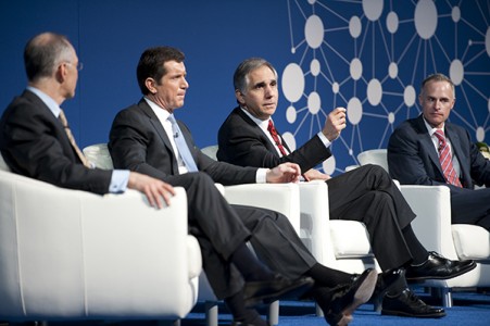 Ezekiel Emanuel; Alex Gorsky, WG’96; Gary Gottlieb, WG’85; and Uwe E. Reinhardt (left to right)