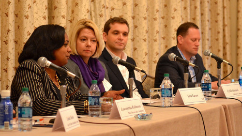 A panel at the 2013 Wharton Marketing Conference featuring Lauventria Robinson, WG'87, Vice President, Multicultural Marketing, Coca-Cola North America Group; Sara Larsen, VP of Digital Marketing and Campaigns, SAP; Cyrille Labourel, Senior Brand Manager, CLEAN&CLEAR, Johnson & Johnson; and Jody Shapiro, WG'09, Head of Product Management, Google Analytics Premium (left to right)