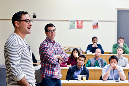 Jason Semine, L’10, WG’10 (left) and Jeff Raider, WG’10, address the Founders' Club. Photo credit: Shira Yudkoff.