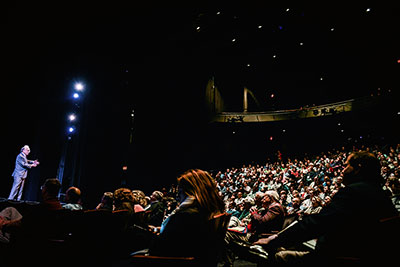 Prof. Jeremy Siegel packed the Annenberg Center's Zellerbach Theater during his May 17 Wharton MBA Reunion talk.
