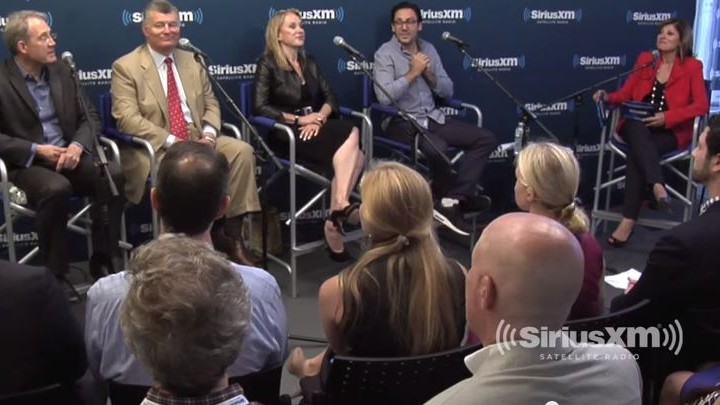 (left to right) Karl Ulrich; William P. Lauder, W’83; Pauline Brown, WG'95; and Neil Blumenthal, with Maria Bartiromo