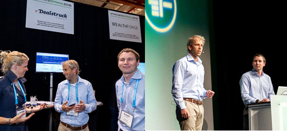 Author Paulynn Yu WG15 met with Wharton FinTech firm Dealstruck co-founders Ethan Senturia W08 (left) and Russell McLoughlin (right) at Finovate Spring 2015, where they worked the floor and presented.