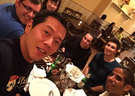 James Kwon takes a selfie during his first Wharton MBA learning team dinner.