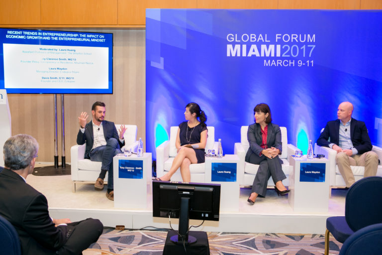 Recent Trends in Entrepreneurship panel with Toby Clarence-Smith, WG’13, Prof. Laura Huang, Laura Maydon, and Davis Smith WG11, G11