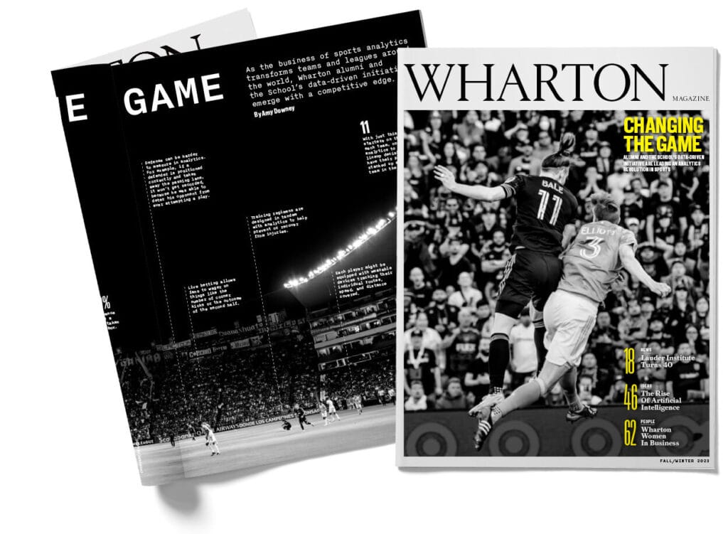 Cover of the Fall Winter 2023 issue of Wharton Magazine, featuring two soccer players colliding in a midair jump, as well as a spread of the magazine with an image of a soccer pitch on it.